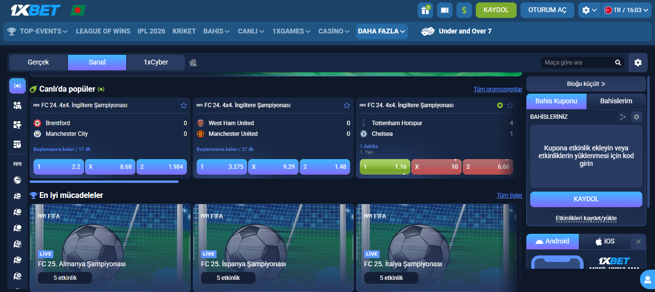 1xBet sanal FIFA ve sanal Mortal Kombat bahis seçeneklerini gösteren resmi web sitesi arayüzü